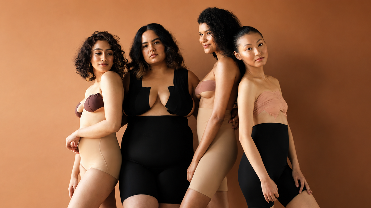 Four women wearing Shapify shapewear, sticky bras and high-waist tummy tuckers