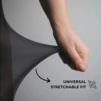 Hand stretching black Shapify anti-scratch stockings to show the stretchable fit