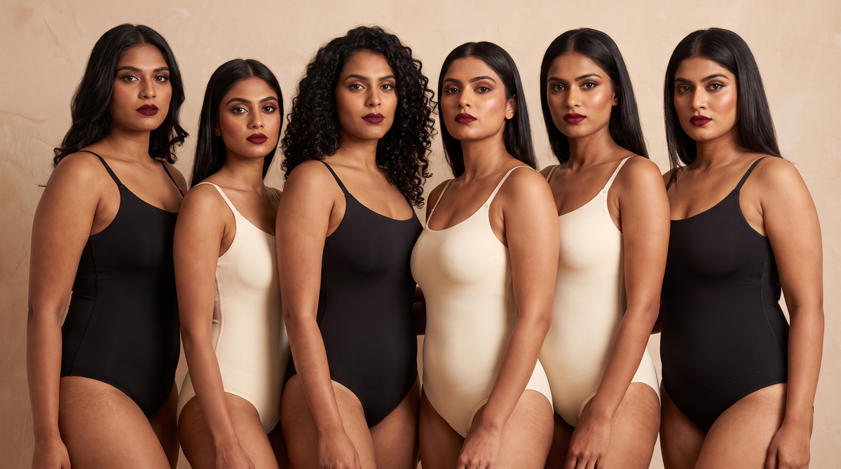 Six women wearing Shapify snatched bodysuits in black and nude